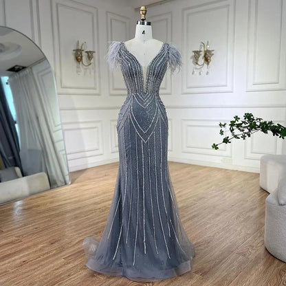 Luxury Dubai Blue Mermaid Evening Dress with Pearls and Feathers LA72578