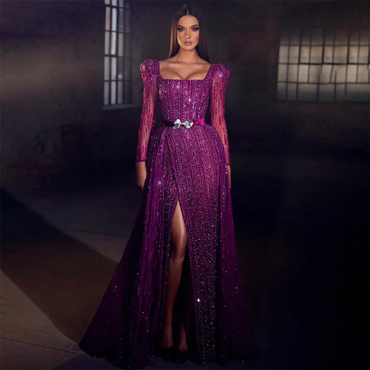 On Sale  no return no refundSerene Hill Luxury Dubai Fuchsia Evening Dresses for Women Wedding  Long Sleeve Overskirt Arabic Formal Party LA71678