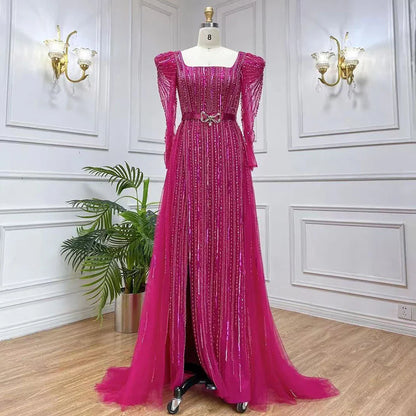 On Sale  no return no refundSerene Hill Luxury Dubai Fuchsia Evening Dresses for Women Wedding  Long Sleeve Overskirt Arabic Formal Party LA71678