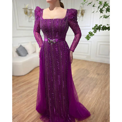 On Sale  no return no refundSerene Hill Luxury Dubai Fuchsia Evening Dresses for Women Wedding  Long Sleeve Overskirt Arabic Formal Party LA71678