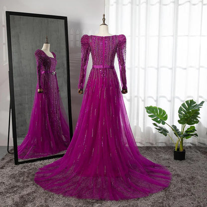 On Sale  no return no refundSerene Hill Luxury Dubai Fuchsia Evening Dresses for Women Wedding  Long Sleeve Overskirt Arabic Formal Party LA71678