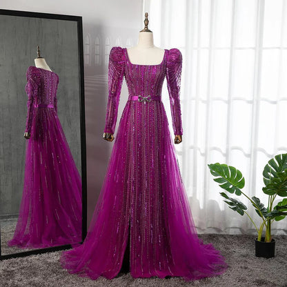 On Sale  no return no refundSerene Hill Luxury Dubai Fuchsia Evening Dresses for Women Wedding  Long Sleeve Overskirt Arabic Formal Party LA71678