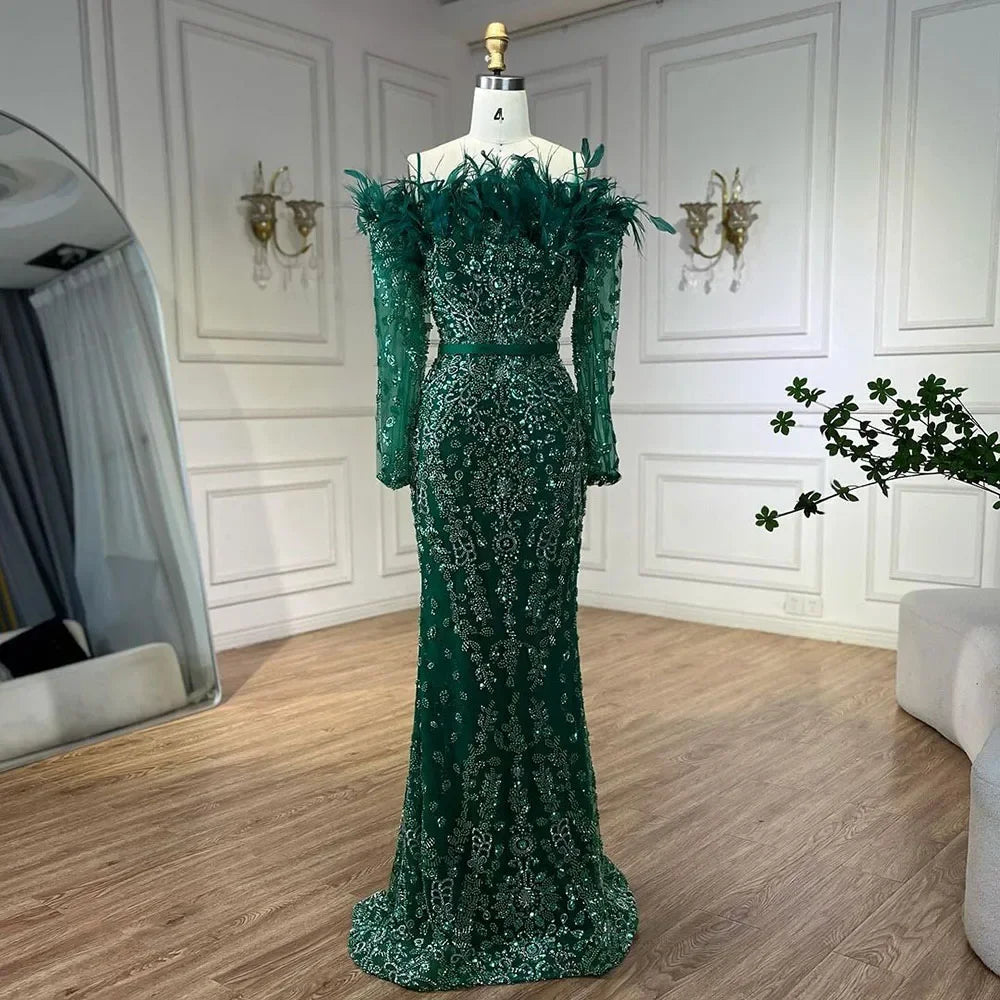 Luxury Dubai Green Long Sleeves Feathers Beaded Evening Dress LA72553