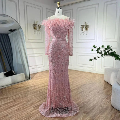 Luxury Dubai Green Long Sleeves Feathers Beaded Evening Dress LA72553