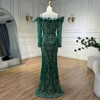 Luxury Dubai Green Long Sleeves Feathers Beaded Evening Dress LA72553