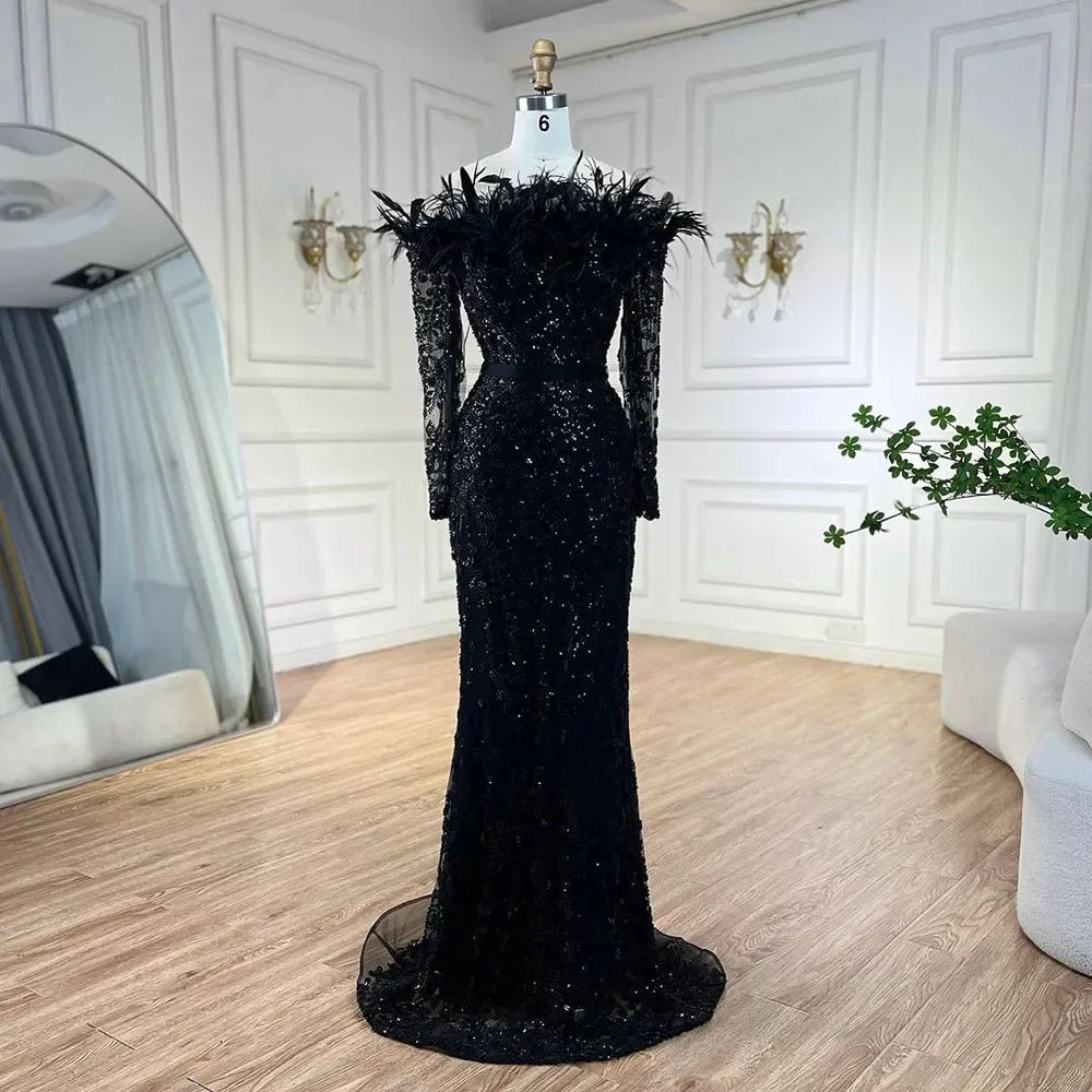 Luxury Dubai Green Long Sleeves Feathers Beaded Evening Dress LA72553