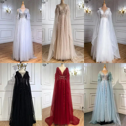 Serene Hill Luxury Dubai Grey Evening Formal Dresses with Feather Cape Shawl Gold Arabic Women Wedding Party Gowns Long LA70640