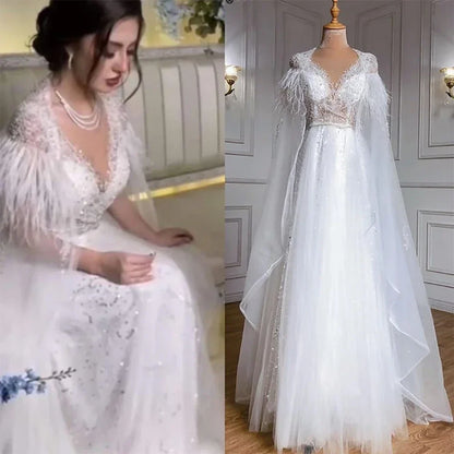 Serene Hill Luxury Dubai Grey Evening Formal Dresses with Feather Cape Shawl Gold Arabic Women Wedding Party Gowns Long LA70640