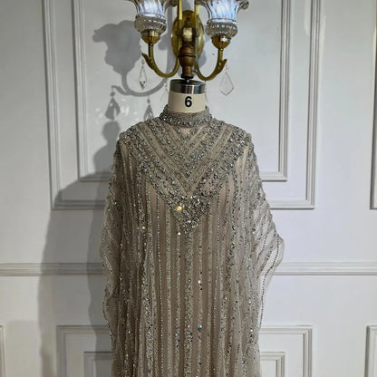 Dubai Luxury Silver Nude Cape Beaded Evening Dress LA72484