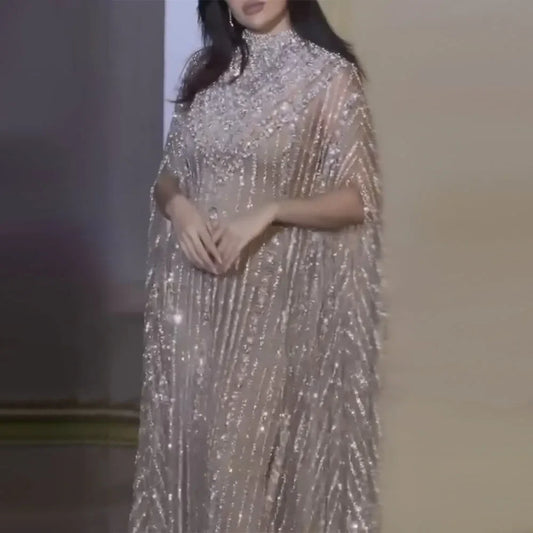 Dubai Luxus Silber Nude Cape Perlen Abendkleid LA72484 