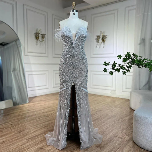 Serene Hill Luxury Dubai White Nude Split Mermaid Pearls Beaded Evening Dresses Gowns for Women Wedding Party LA72522