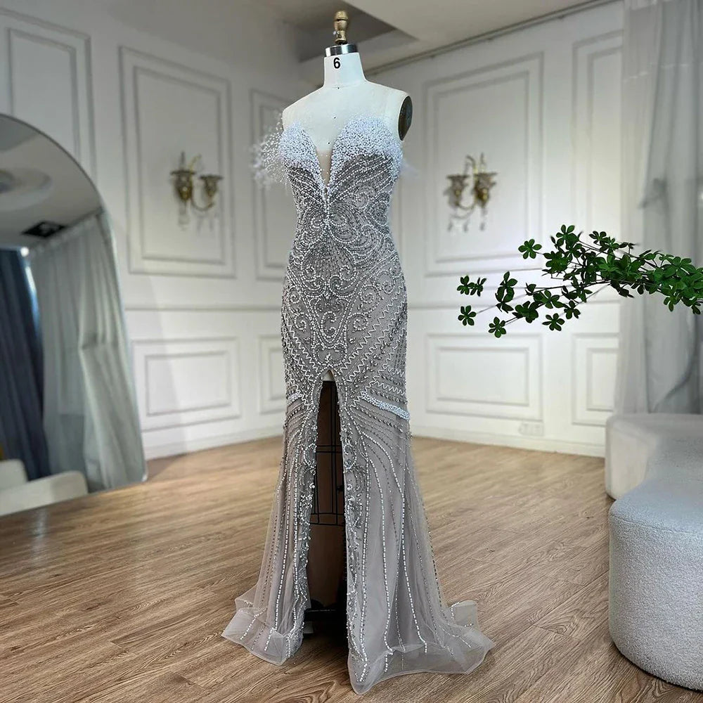 Serene Hill Luxury Dubai White Nude Split Mermaid Pearls Beaded Evening Dresses Gowns for Women Wedding Party LA72522