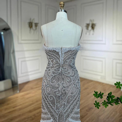Serene Hill Luxury Dubai White Nude Split Mermaid Pearls Beaded Evening Dresses Gowns for Women Wedding Party LA72522