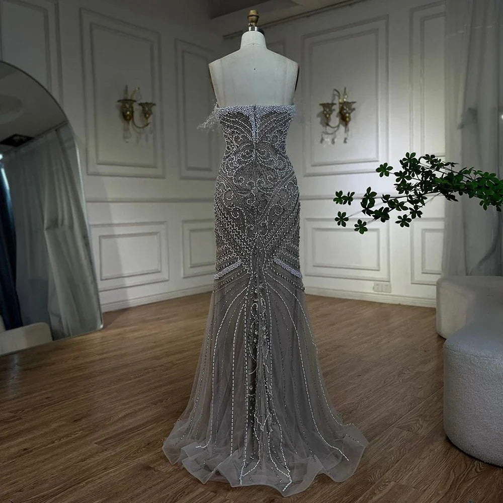 Serene Hill Luxury Dubai White Nude Split Mermaid Pearls Beaded Evening Dresses Gowns for Women Wedding Party LA72522