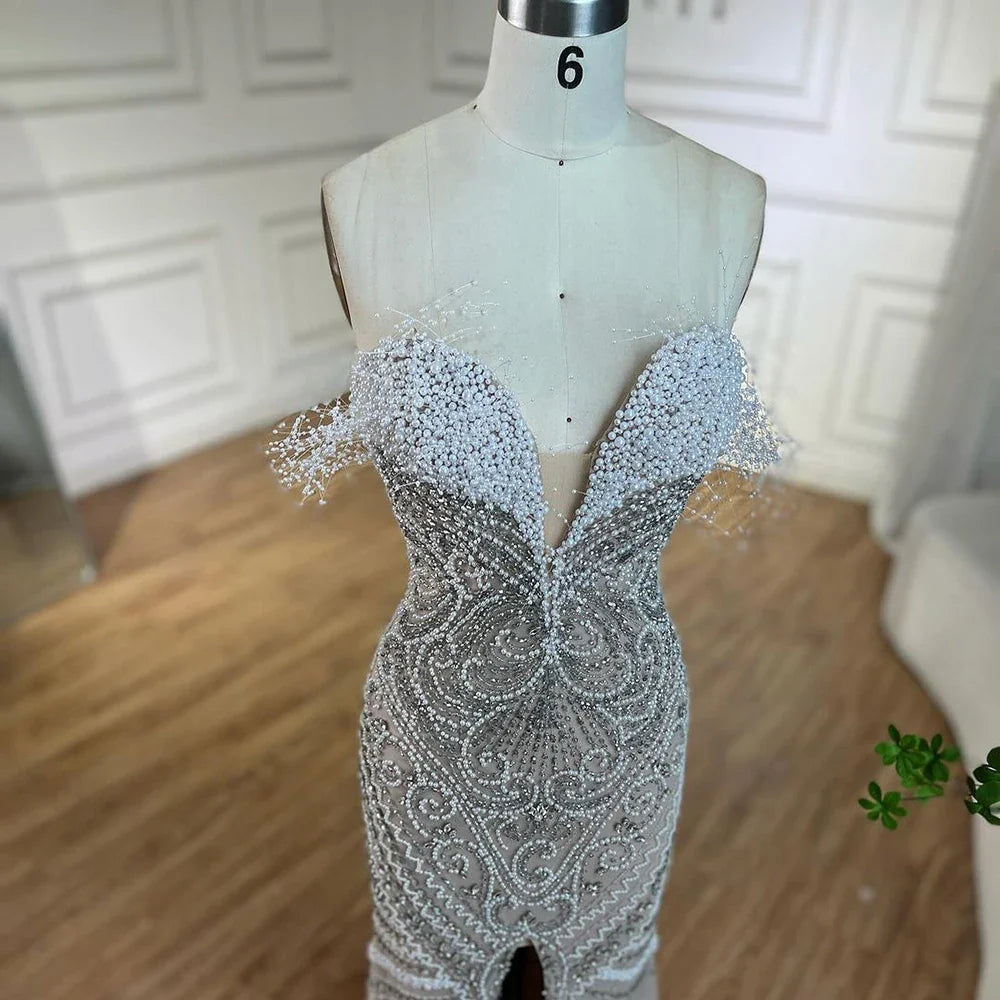 Serene Hill Luxury Dubai White Nude Split Mermaid Pearls Beaded Evening Dresses Gowns for Women Wedding Party LA72522