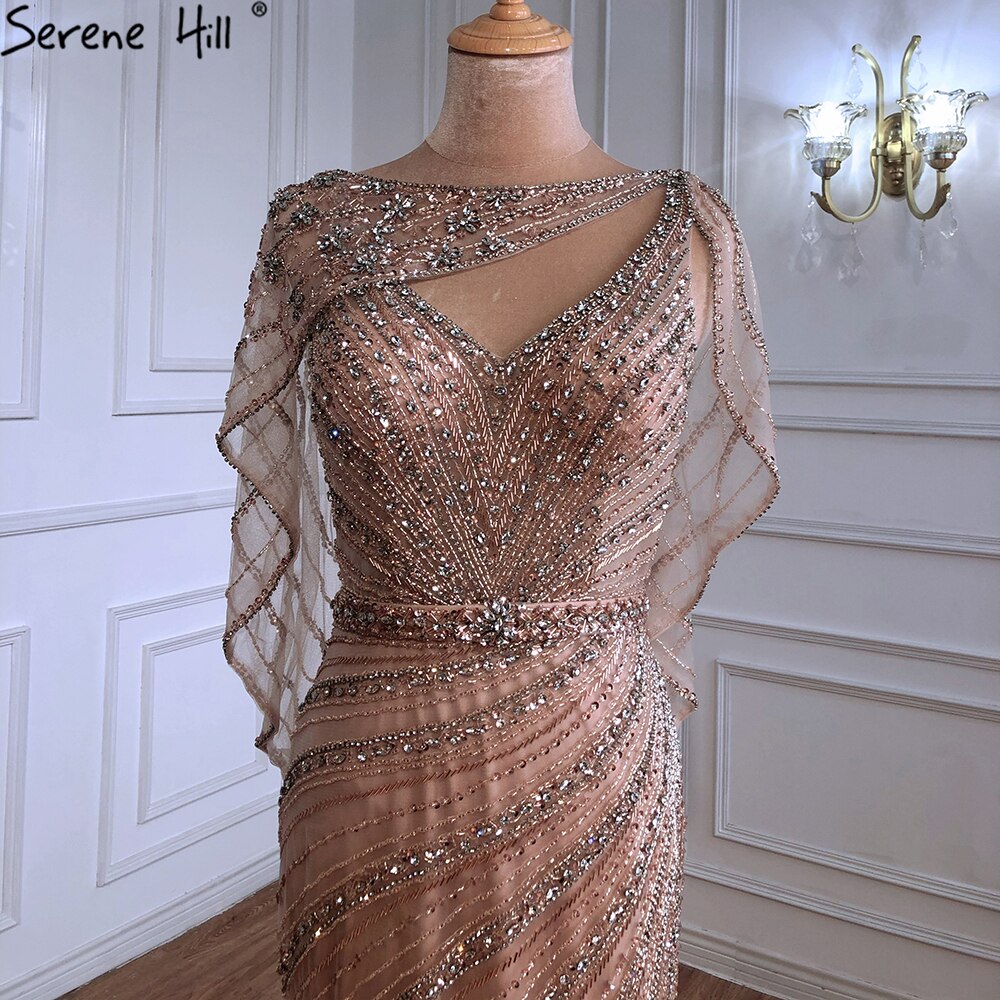 Luxury Champagne Dubai Mermaid Evening Dress with Cape LA70910