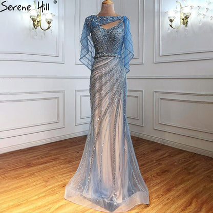 Luxury Champagne Dubai Mermaid Evening Dress with Cape LA70910