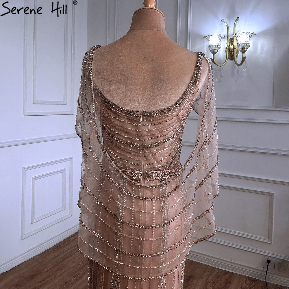 Luxury Champagne Dubai Mermaid Evening Dress with Cape LA70910