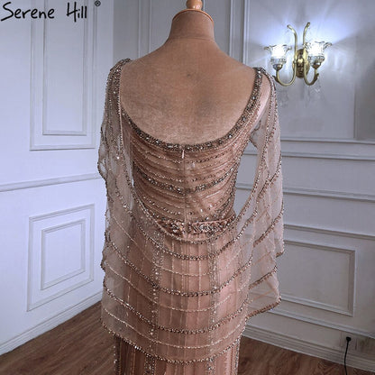 Luxury Champagne Dubai Mermaid Evening Dress with Cape LA70910