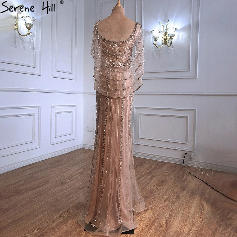 Luxury Champagne Dubai Mermaid Evening Dress with Cape LA70910
