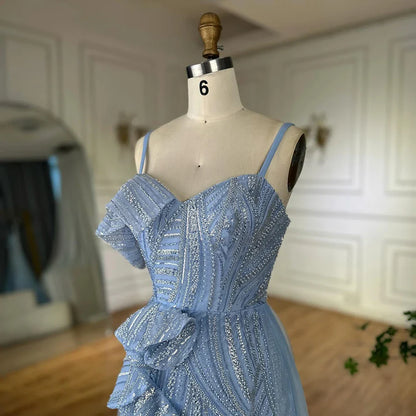 Luxury Dubai Mermaid Evening Dress With Skirt  Light blue Beaded Spaghetti Strap For Formal Occasion  LA72341A