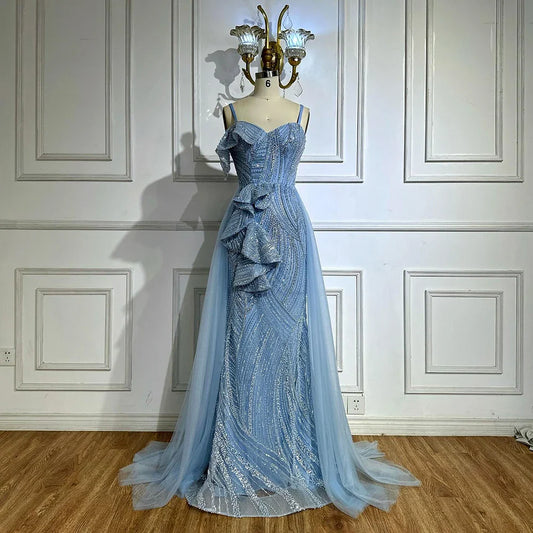 Luxury Dubai Mermaid Evening Dress With Skirt  Light blue Beaded Spaghetti Strap For Formal Occasion  LA72341A