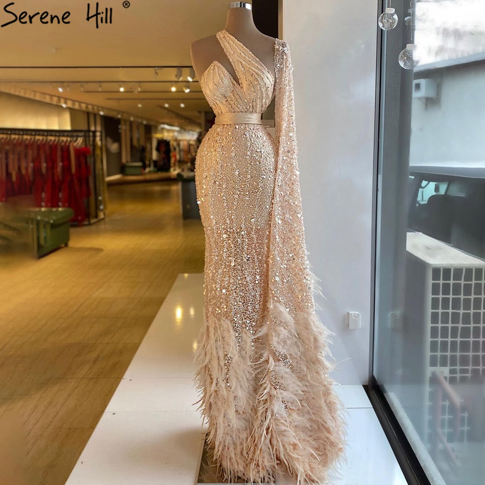 Elegant Nude One Shoulder Feather Beaded Mermaid Evening Dress LA71096