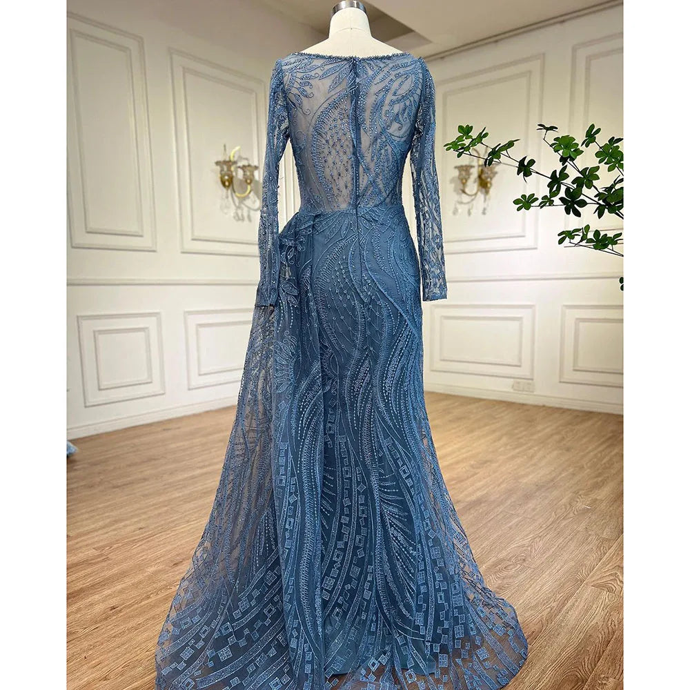 Luxury Dubai Blue Mermaid Muslim Evening Dress Overskirt Long Sleeve LA71829