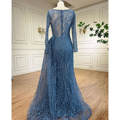Luxury Dubai Blue Mermaid Muslim Evening Dress Overskirt Long Sleeve LA71829