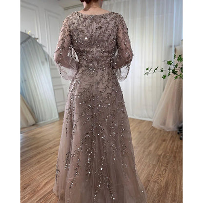 Serene Hill Muslim Caramel A Line Beaded Luxury Dubai Long Evening Dresses Gowns For Women Wedding Party 2025 LA71653A