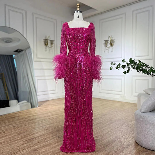 Luxury Fuchsia Dubai Evening Dress Long Sleeves with Feather LA72565