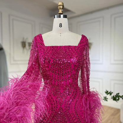 Luxury Fuchsia Dubai Evening Dress Long Sleeves with Feather LA72565