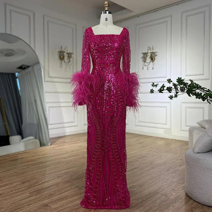 Luxury Fuchsia Dubai Evening Dress Long Sleeves with Feather LA72565