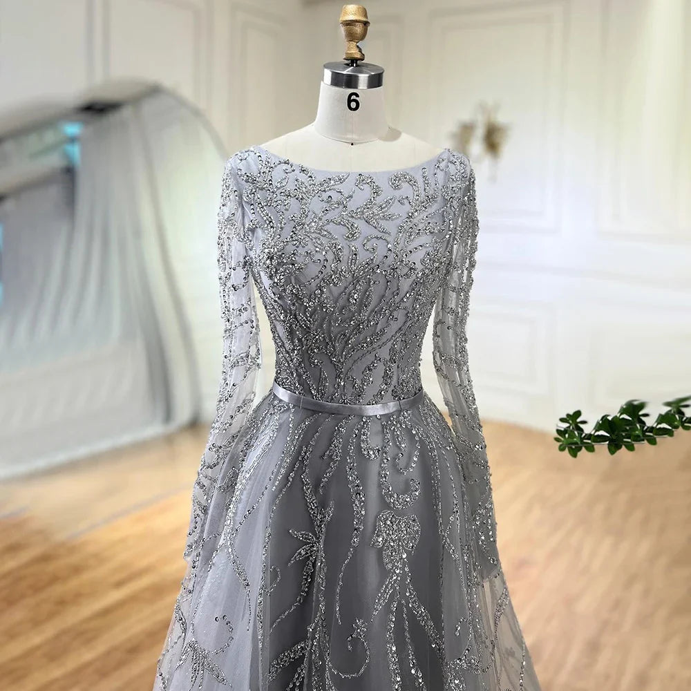 Muslim Nude A-Line Beaded Evening Dress with Long Sleeves LA71596A