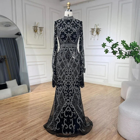 Muslim Grey Mermaid Long Sleeve Beaded Evening Dress LA72316