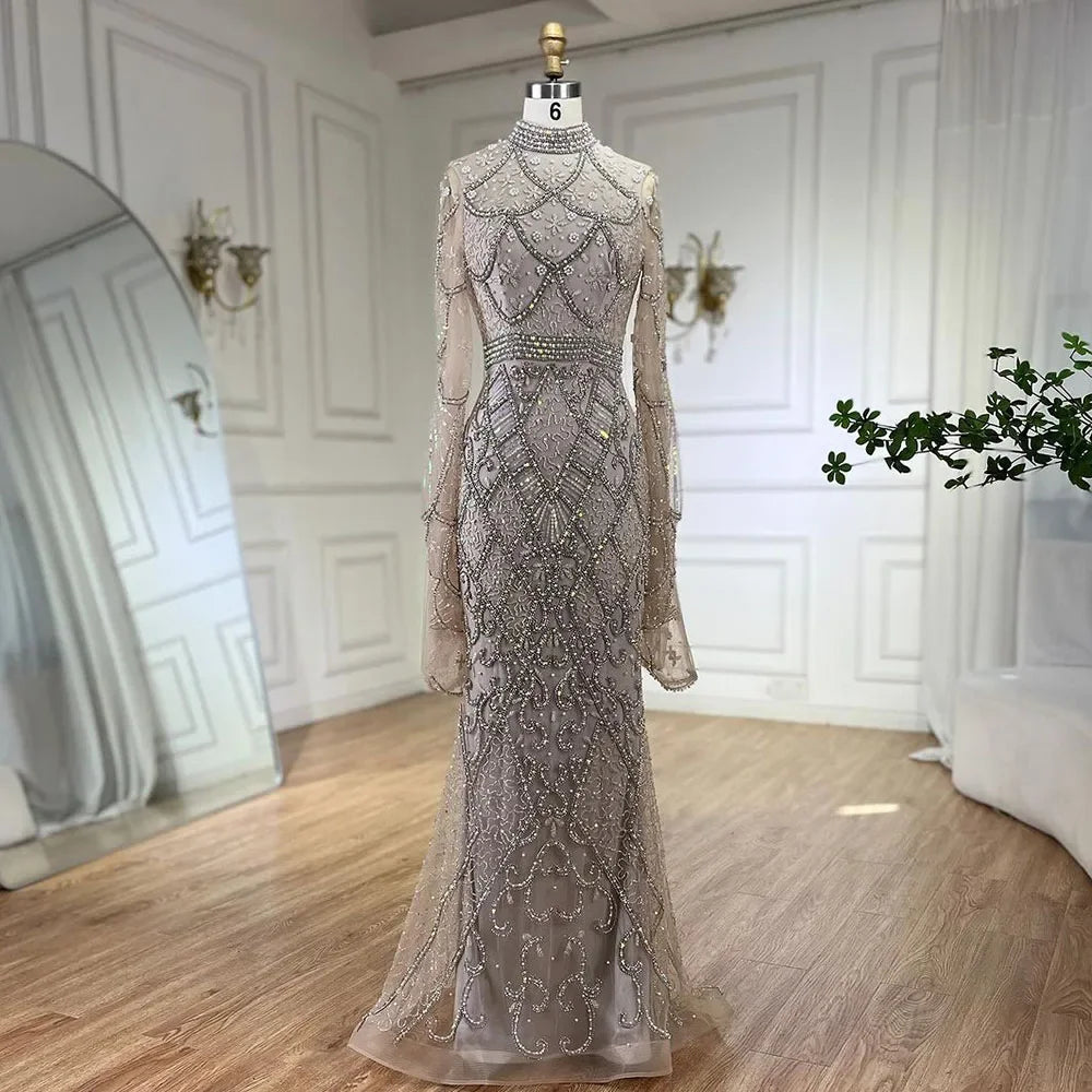 Muslim Grey Mermaid Long Sleeve Beaded Evening Dress LA72316