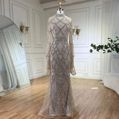 Muslim Grey Mermaid Long Sleeve Beaded Evening Dress LA72316