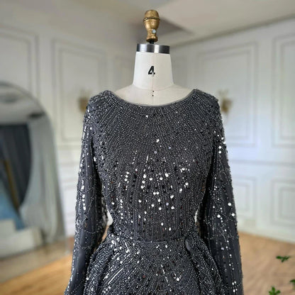 Luxury Dubai Muslim Grey Mermaid Pearls Beaded Evening Dresses Gowns For Formal Occasion LA72032H