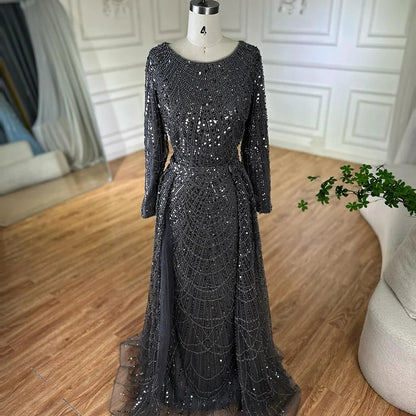 Luxury Dubai Muslim Grey Mermaid Pearls Beaded Evening Dresses Gowns For Formal Occasion LA72032H