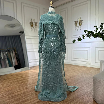 Luxury Dubai Muslim Mermaid Long Cape Evening Dresses Pearls Beaded Gowns For Formal Occasion  LA72032MP