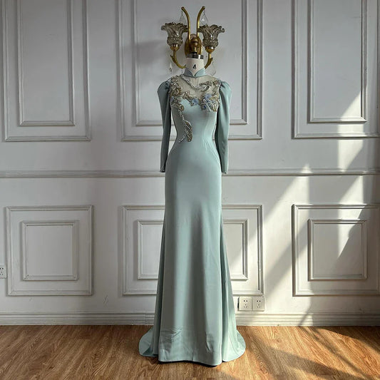 Luxury Dubai Muslim Mint Mermaid Beaded Satin Evening Dress Gown with Corset for Formal Occasion LA72797C