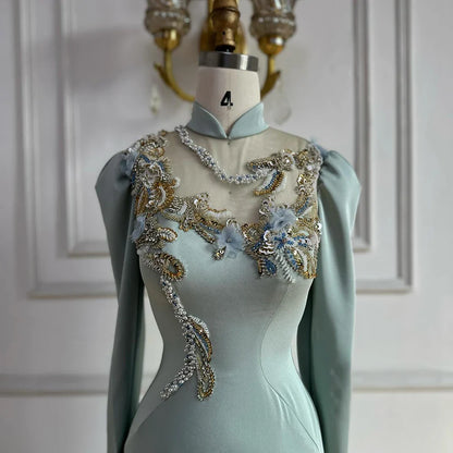 Luxury Dubai Muslim Mint Mermaid Beaded Satin Evening Dress Gown with Corset for Formal Occasion LA72797C