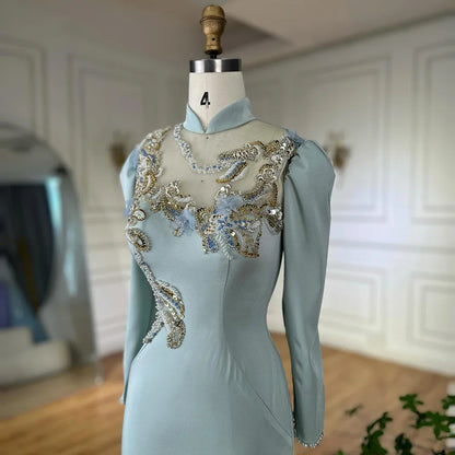 Luxury Dubai Muslim Mint Mermaid Beaded Satin Evening Dress Gown with Corset for Formal Occasion LA72797C