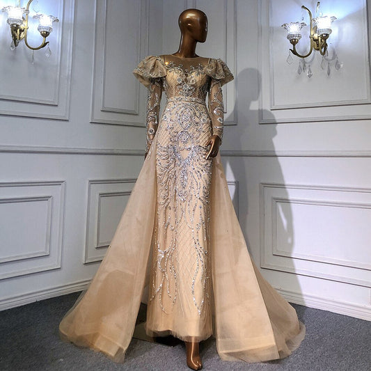 Luxury Nude Beaded Mermaid Evening Dress with Overskirt LA71352