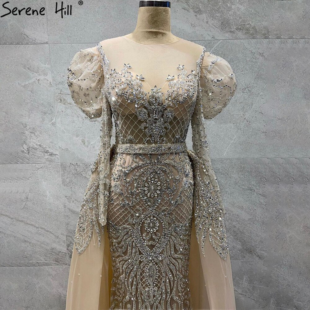 Luxury Nude Beaded Mermaid Evening Dress with Overskirt LA71352