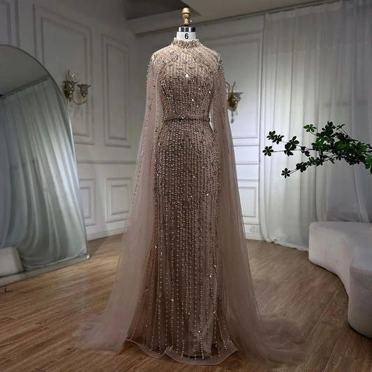 Luxury Modest Nude Pearls Beaded Evening Dress With Long Sleeves Cape LA72372