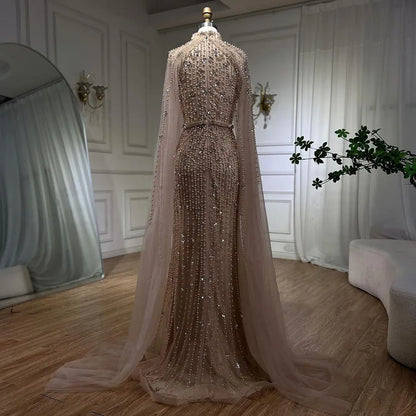 Luxury Modest Nude Pearls Beaded Evening Dress With Long Sleeves Cape LA72372