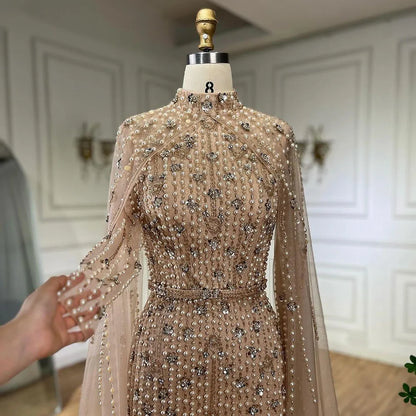 Luxury Modest Nude Pearls Beaded Evening Dress With Long Sleeves Cape LA72372