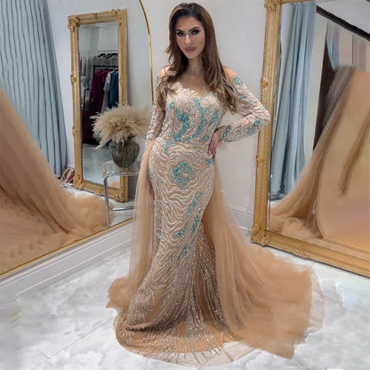 Serene Hill Muslim Nude Mermaid With Overskirt Beaded Split Long Evening Dresses Gowns For Woman Wedding Party 2025 LA71995