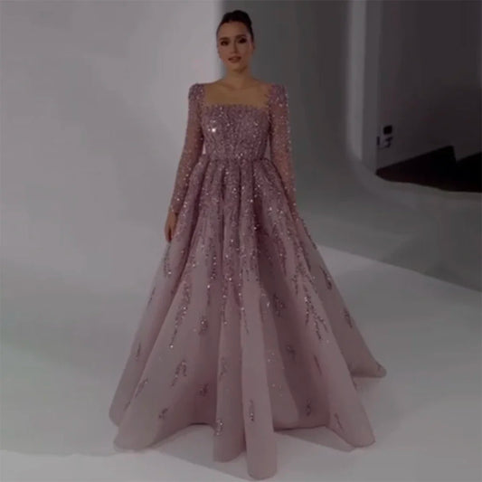 Luxury Dusty Pink Long Sleeves A-Line Evening Dress LA71915